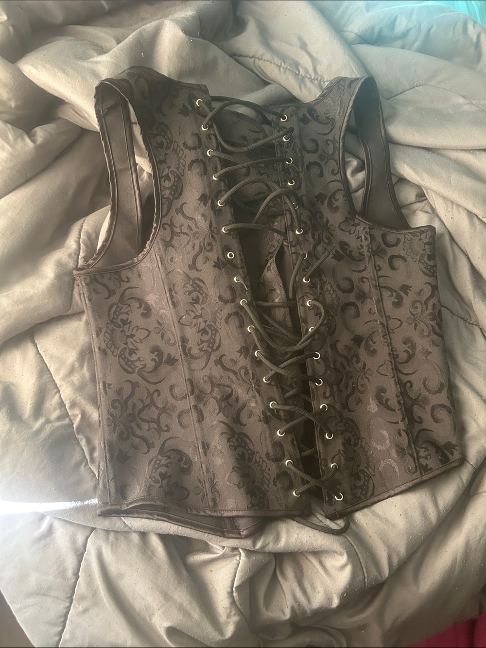 Embroidered Satin Corset Top in Charcoal - Picture 2 of 3